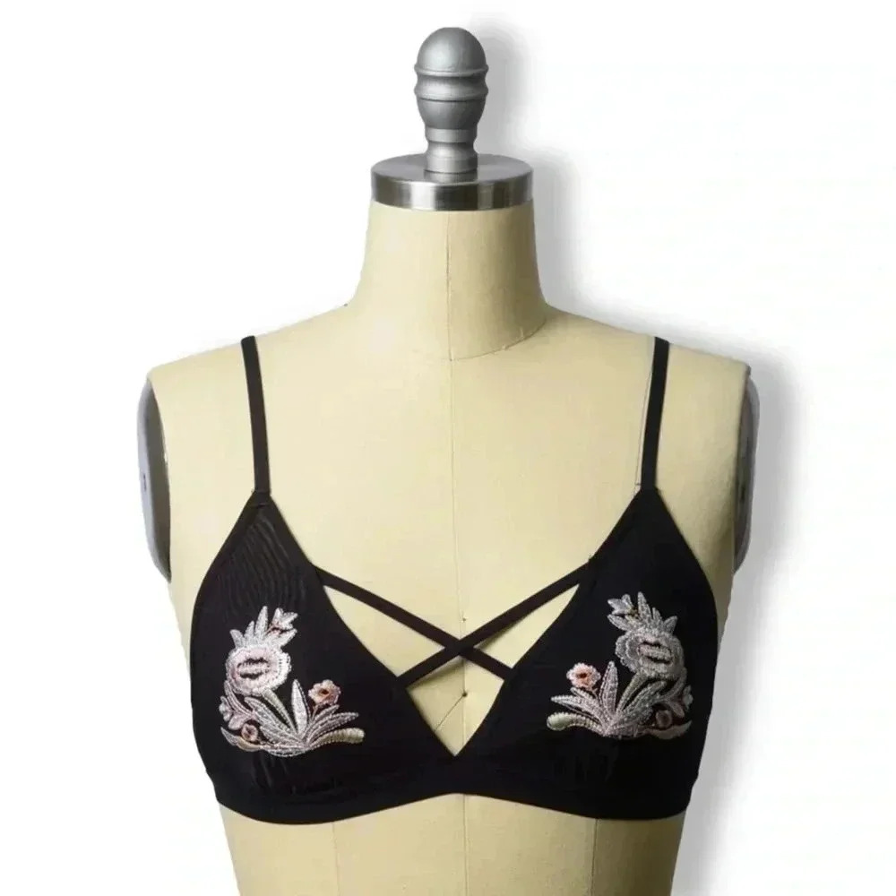 NEW Floral Embroidery Strappy Bralette Embroidery Strappy Bra Cami Top Blk S
